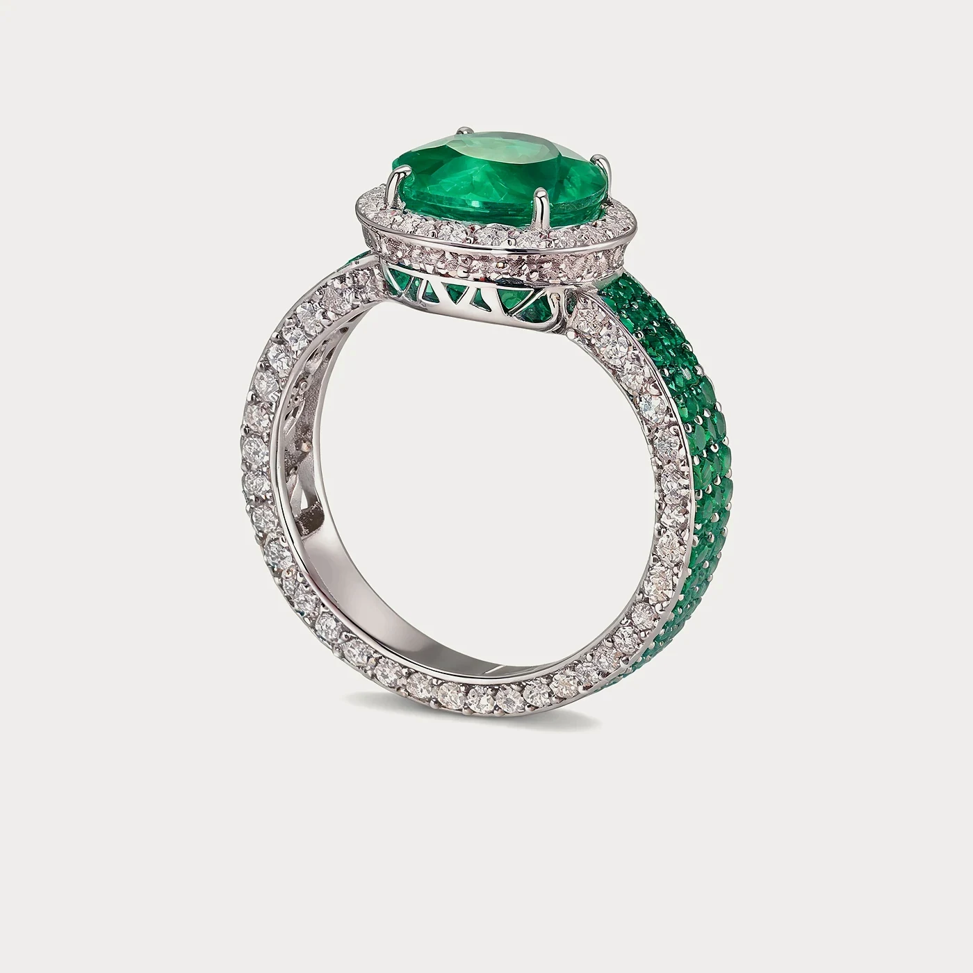 Кольцо из белого золота 585 пробы с изумрудом — 3,20 ct · Vivid Green · VS1 · Au 585